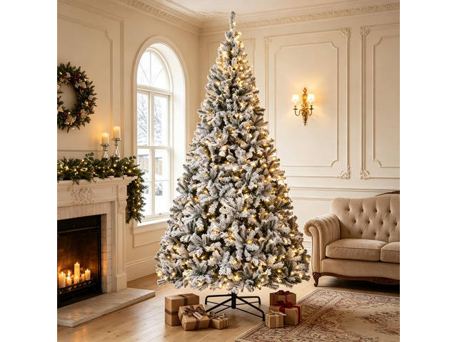 9 ft Pre Lit Flocked Fraser Fir Artificial Christmas Tree, Hinged Branches with LED Lights Foldable Metal Base in