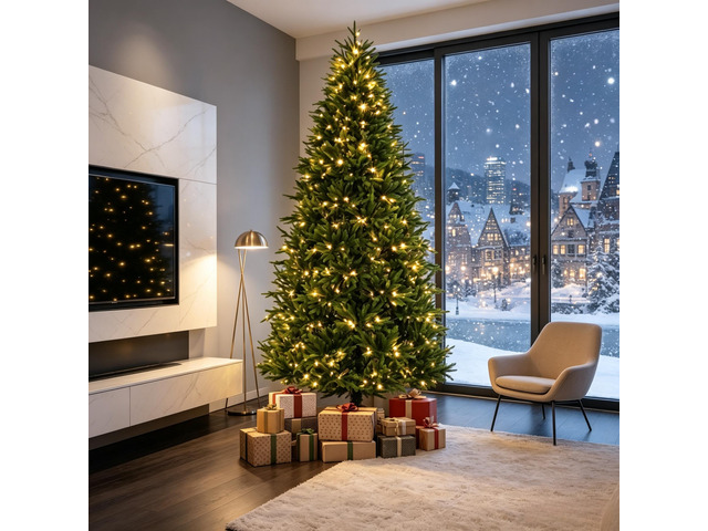 7.5 Foot Hinged Nordmann Fir Prelit Christmas Tree, Lifelike Realistic Tips Dual Color LED Lights with Customizable