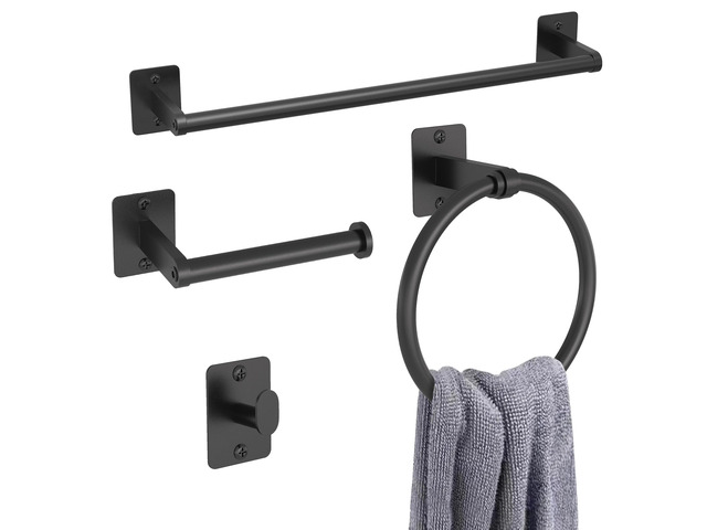 Black Bathroom Accessories Set, 4-Piece Bathroom Hardware Set 16 inch Towel Bar, Towel Racks for Bathroom, Robe Towel Hooks, Toilet Paper Holder...