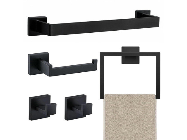 5 Piece Towel Bar Set - 15.7Inch Bathroom Towel Holder - Matte Black Stainless Steel Towel Racks for Bathroom Wall Mounted, Towel Rod for...