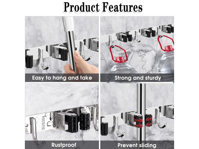 2 Pack Broom Holder Wall Mount, 5 Racks 4 Hooks Mop and Broom Organizer Mop Holder Wall Mount and Broom Hanger for Garage, Laundry Room, Kitchen...