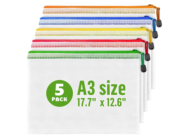 5 Pack Mesh Zipper Pouch Bags A3 17.7x12.6 inch - Plastic Zipper Pouches for Organizing - Game Storage Bags - Puzzle Organizer Bags - Large Zip...