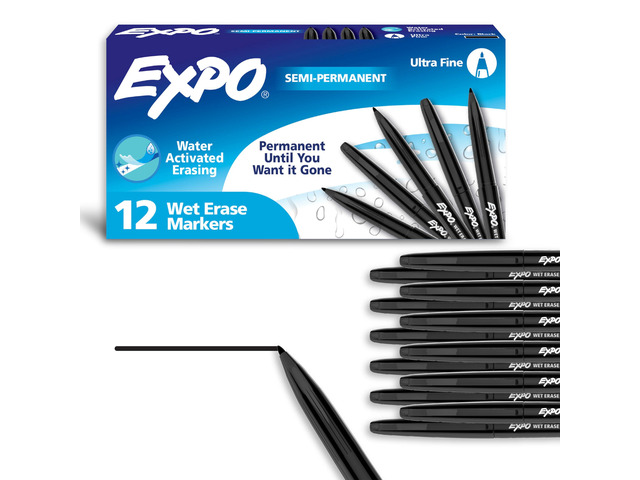 Wet Erase Markers, Semi-Permanent, Black, Ultra Fine Tip, 12 Count - For Writing on Glass, Whiteboards, Mirrors, Calendar, Labeling, Organizing