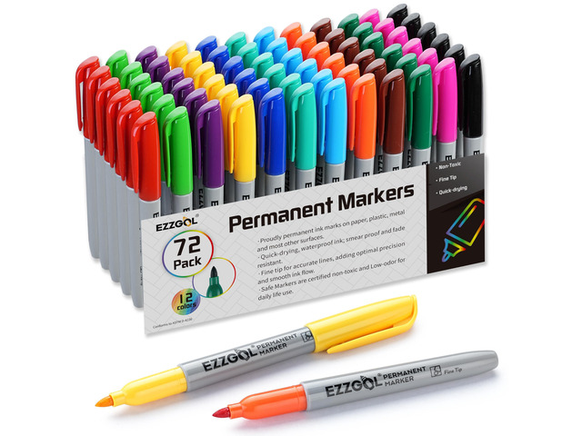 Permanent Markers Bulk, Pack of 72, 12 Assorted Colors, Fine Point For Adult Coloring as Office, School Supplies
