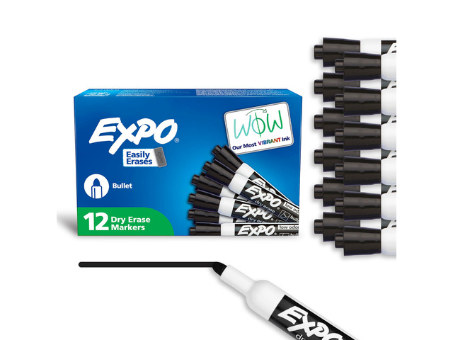 Dry Erase Markers, Low Odor Ink, Black, Bullet Tip, 12 Count - Whiteboard, Calendar, Organization, Essential Supplies for Office, School,...