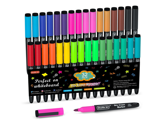 Dry Erase Markers, 32 Pack 16 Colors Magnetic Whiteboard Markers with Erase, Fine Point Dry Erase Markers Perfect For Writing on...