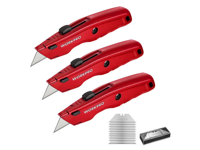 Premium Utility Knife, Retractable All Metal Heavy Duty Box Cutter, Quick Change Blade Razor Knife, 3PCS with 10 Extra Blades