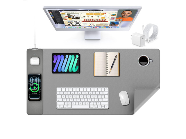 Mouse Pad with 15W Wireless Charging, XXL Large Leather Desk Mat, Gray Waterproof Gaming Mousepad Home Office Desk Pad Protector with Non-Slip...