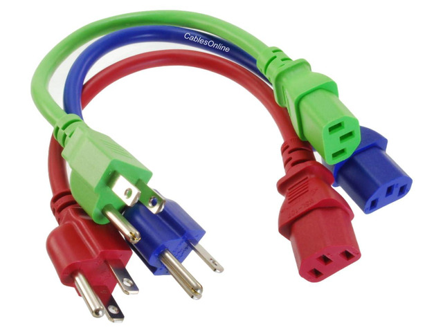 CablesOnline 3-Pack 1ft Short 3-Conductor, 18AWG, NEMA 5-15P to IEC C13 Power Cable, Three Colors, Red, Green, Blue, PC-301MC