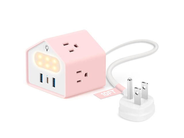 Lovely-Pink Power Strip with Night Light, Kawaii USB C Desk Accessories 4 Outlets 3 USB Ports, Overload Protection Plug Extender, Home Office...