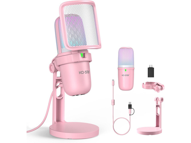 RGB USB Microphone, Pink Gaming Mic for PC, PS5, Laptop, Phone, Condenser Mic with Touch Mute, Pop Filter, Cardioid Pickup, Plug & Play for...