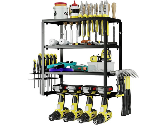 AZERPIAN Power Tool Organizer Heavy Duty Wall Mount Drill Tools Holder Garage Wall Mount Tool Rack, Workshop Metal Cordless Tool Shelf, 3 Layers...