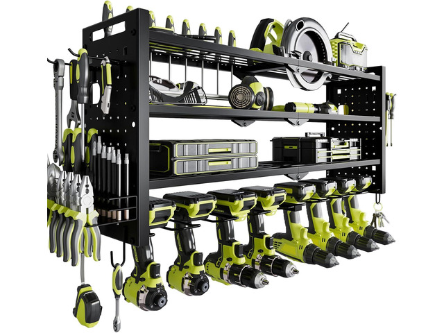 NattyDot Power Tool Drill Holder Wall Mount, 4Tier Garage Organizer, Black 4-tier Utility Rack Stores 8 Cordless Drills, Batteries and...