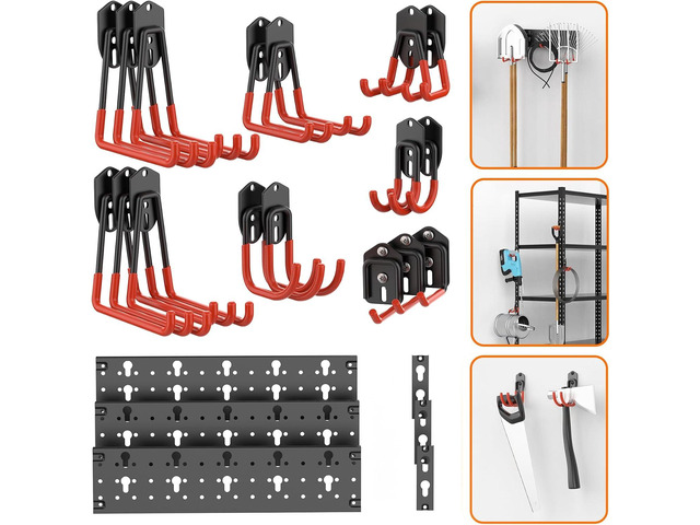TORACK 24 PCS Garage Storage Hooks with Tracks, Wall Mount Tool Organizer for Garden Tools, Ladders, Cords, Folding Chairs, Shovels and Rakes,...