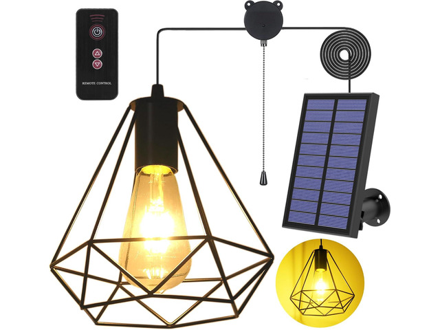 Solar Pendant Lights, Solar Powered Shed Light with Pull Cord Solar Chandelier Outdoor, Solar Gazebo Lights with Warm White Bulb for Yard Patio...