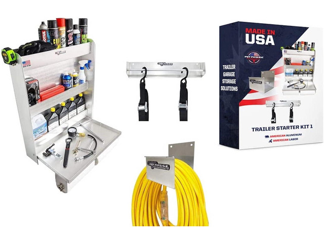 Pit Posse PP3302 Trailer Garage Cabinet Organizer Kit- Made in USA - Work Station Cabinet, Tie Down Ratchet Strap Rack, and Cord/Hose Hanger -...