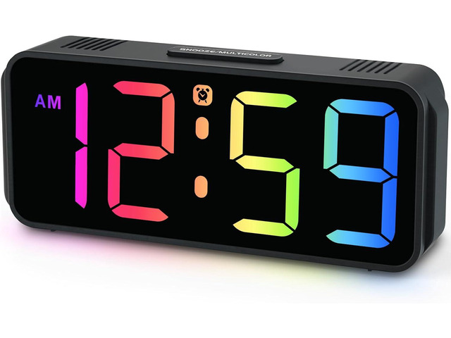 Peakeep Small Cute Digital Alarm Clock Plug-in for Kids Bedrooms Bedside RGB Colorful Changing Large Display Full Screen, Dimmable 6 Brightness,...