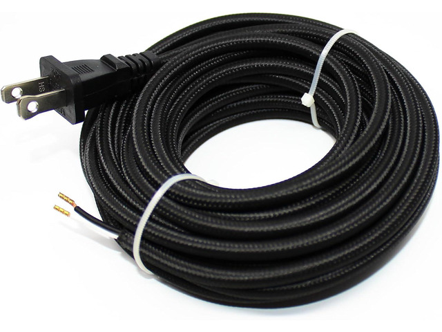 18/2 20Ft Vintage Cable Flexible Fabric Antique Wire Power Cord with Plug Black 18 AWG 2 Conductor 20 Feet Pendant Lighting (10A)
