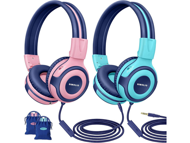 SIMOLIO Manyshare Series-2 Pack Wired Headphones for School with Share Port, 75/85/94dB Volume Limit, Kids Headphones w/Cord & Mic for Tablet iPad...