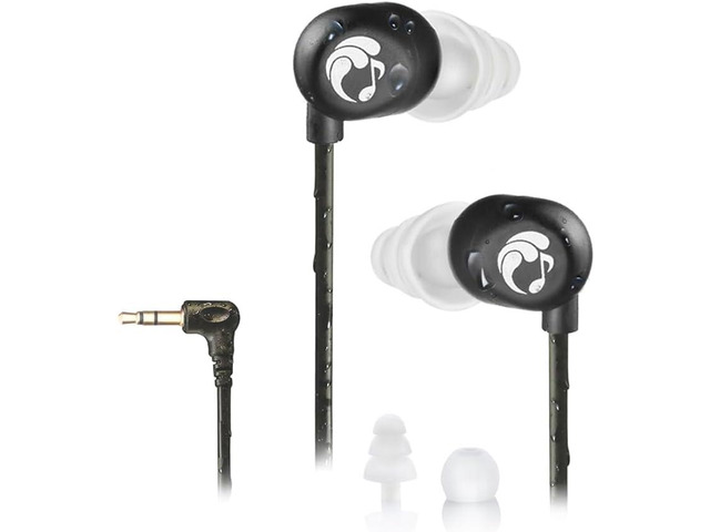 Swimbuds Flip Waterproof Short-Cord Headphones (Upgraded Cord) IPX8 waterproof to 10 ft, short-cord low drag, 3 sizes tree tips, extension cord,...