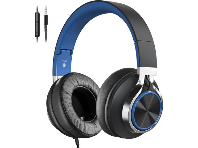 AC01 Over-Ear Headphones Wired with Mic Volume Control, Black Blue Passive Noise Isolating Corded Stereo Headsets for Adults Teens Kids 3.5mm for...