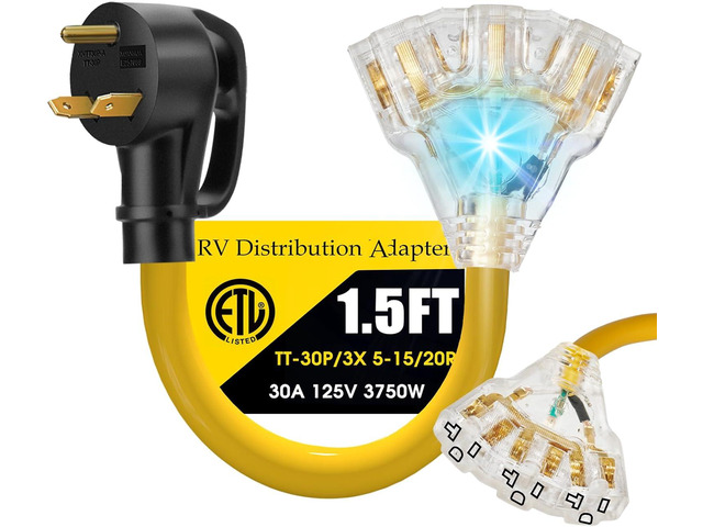 30 Amp to 20 Amp 110V RV Distribution Adapter Cord, NEMA TT-30P Male to 3X 5-15R/5-20R T-Blade Household Outlet Female with LED Power Indicator,...