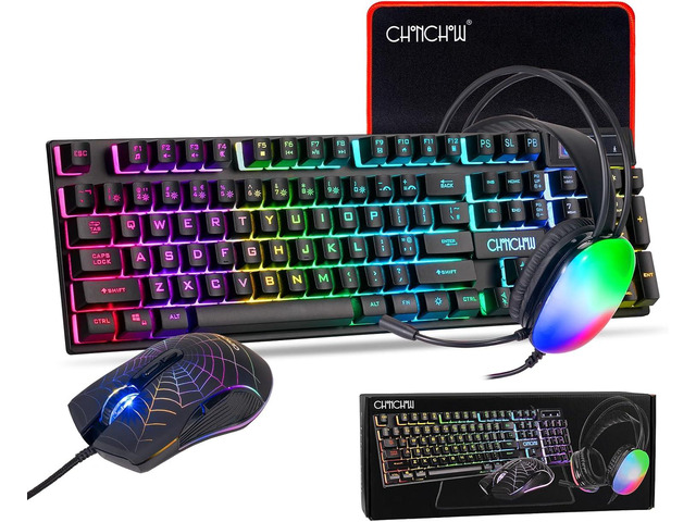 Gaming Keyboard and Mouse, Headset, Mouse Pad Combo, 10 RGB Backit Effects USB Wired LED Backlit Gaming Mouse and Keyboard Bundle Headset with...