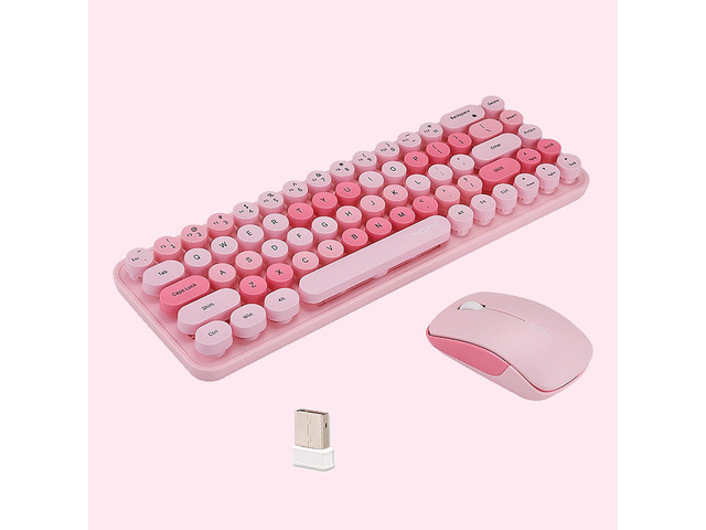 Compact Wireless Keyboard and Mouse Combo, Colorful Round Keycap, Soundless 68 Keys, Suitable for Girls and Kids, Compatible with Notebook, PC (Pink)