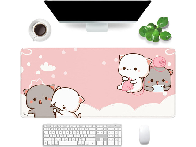 Pink Large Gaming Mouse Pad Kawaii Desk Pad XXL Cute Cat Mouse Mat 35x15.7x0.12 inch Desk Accessories (Pink Cat -2)