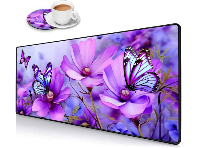 Desk Pad Mat Gaming Mouse Pads with Coasters,Stitched Edges Design Mouse Pad XXL Large Mouse Pad for Laptop Computers Purple Flowers and...