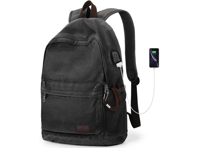 Muzee Canvas Backpack for Women and Men, Lightweight Classic Laptop Backpack with USB Charging Port for School, Travel and Daily Use, Black