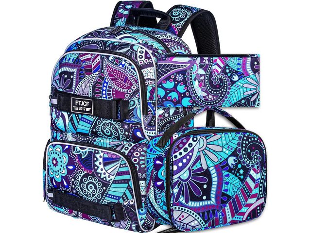 AGSDON Laptop Backpack, 17 Inch School Bag College Bookbag, Anti Theft Daypack Bags and Lunch Bag Set, Water Resistant Flowers Backpacks(Dk. purple