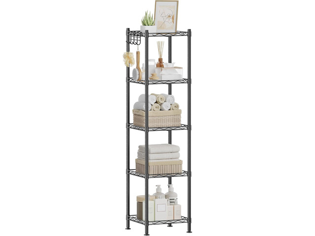 SONGMICS Storage Shelf, Bathroom Shelf, 5 Tier, Ink Black Small space storage rack, with 5 PP shelf liners, removable hook, extendable design,...