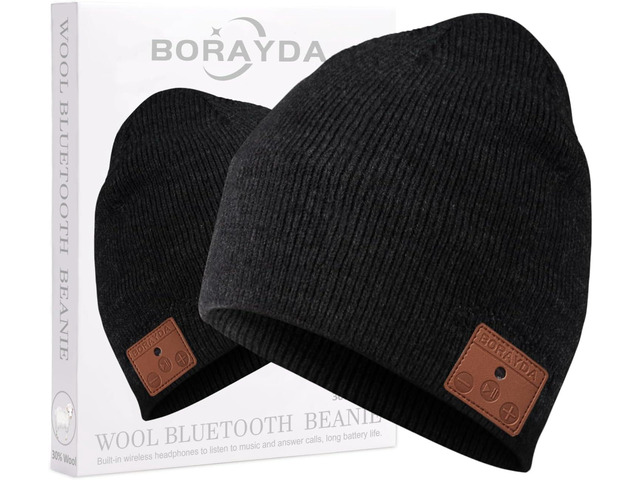 BORAYDA Merino Wool Bluetooth Beanie, HD Stereo,30 Hours Play Time,Built-in Microphone, Men's/Women's Christmas Electronic Gift (Black)