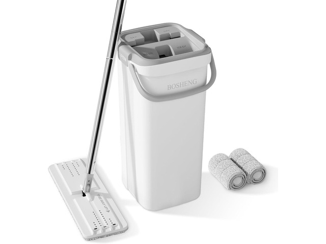 BOSHENG Mop and Bucket Set, Flat Mops for Floor Cleaning, Wall Mop with 60' Extensible Handle, Hardwood Floor Mop with 2 Microfiber Pads