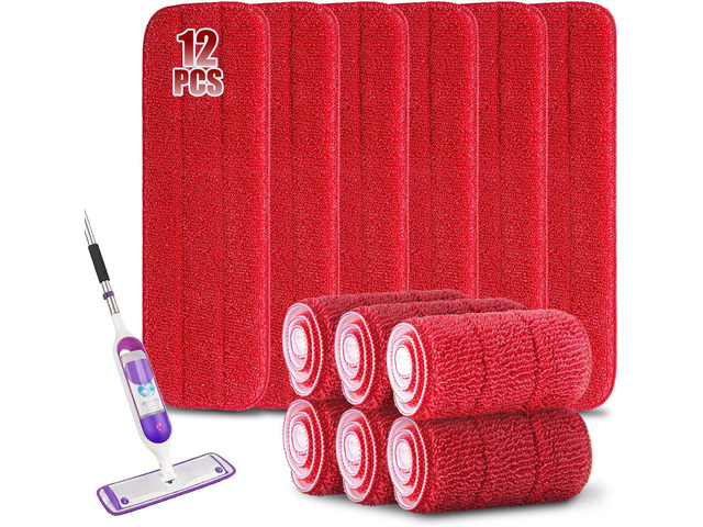 12Pack Microfiber Mop Pads,Reusable and Washable Spray Mop Pads, Red 18x 6 Inch, Wet and Dry Household Mop Pad Replacement, Set of 12(Red)