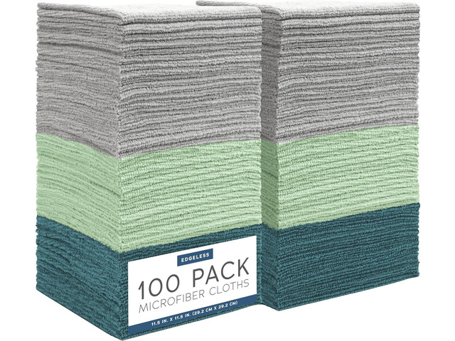 S & T INC. Microfiber Cleaning Cloth, 100 Pack, 11.5' x 11.5', Green Edgeless Cleaning Cloth for Home and Car, Reusable and Multi-Purpose Cleaning...