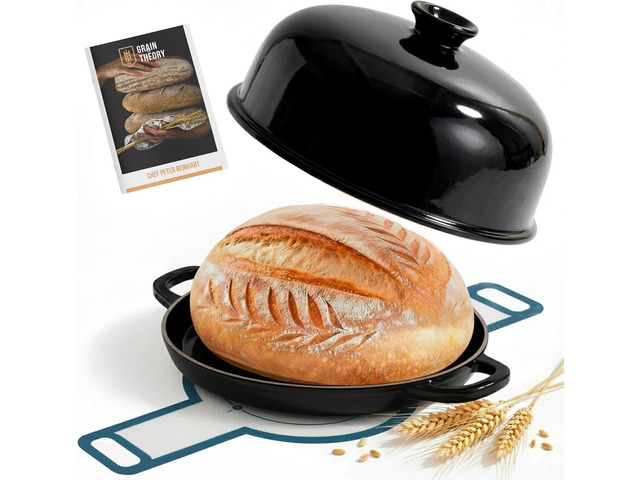Kook Bread Oven, with Lid and Handles, Enameled Cast Iron Pan and Ceramic Lid, For Baking, Cooking, Roasting and more (Black)