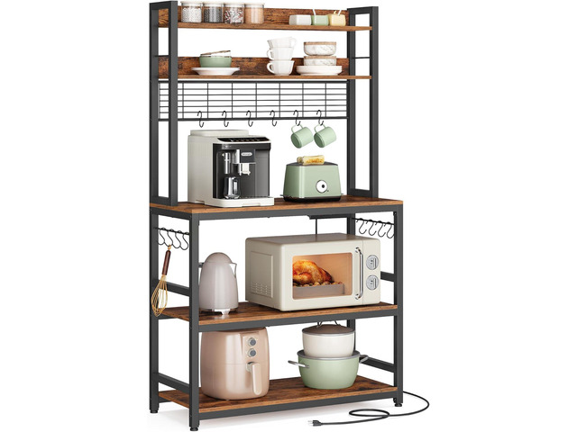 VASAGLE Bakers Rack with Power Outlet, Microwave Stand, Kitchen Tall Utility Storage Shelf, with Metal Wire Panel, 14 Hooks, 15.7 x 31.5 x 66.9...