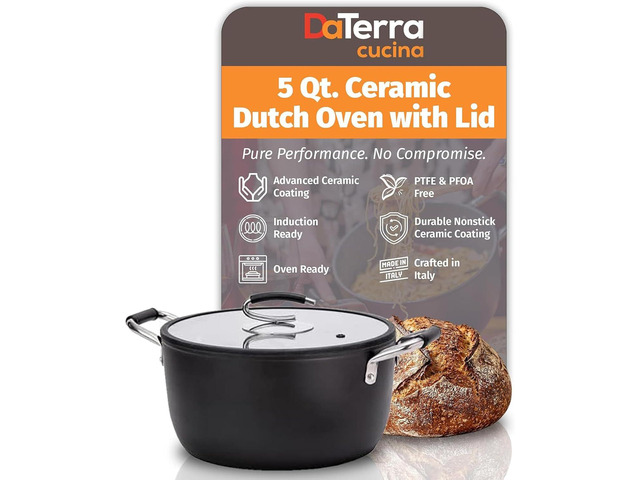 DaTerra Cucina Nonstick Ceramic Dutch Oven Pot w/Lid, Oven Safe Pot, 5Qt Italian Crafted Cookware, PTFE & PFOA Free, Aluminum Core, Dual Handles,...