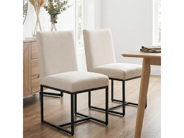 HNY Modern Dining Chairs Set of 2, Upholstered Linen Dining Room Chairs with Ergonomic Back & Metal Frame for Home, Kitchen, Apartment, Cream