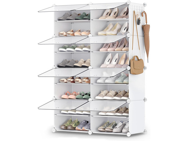 SONGMICS Shoe Rack Organizer, 8-Tier Shoe Storage Cabinet for Closet and Entryway, Holds 32 Pairs of Shoes, Adjustable, Cloud White and Transparent...