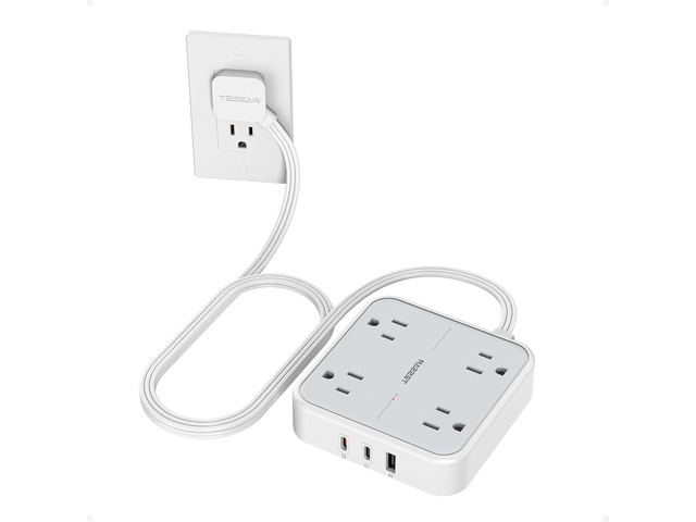 TESSAN Surge Protector Flat Extension Cord 5Ft, Flat Plug Power Strip 4 Outlets 3 USB Ports (2 USB C), 900 Joules Protection, Multiple Wall...