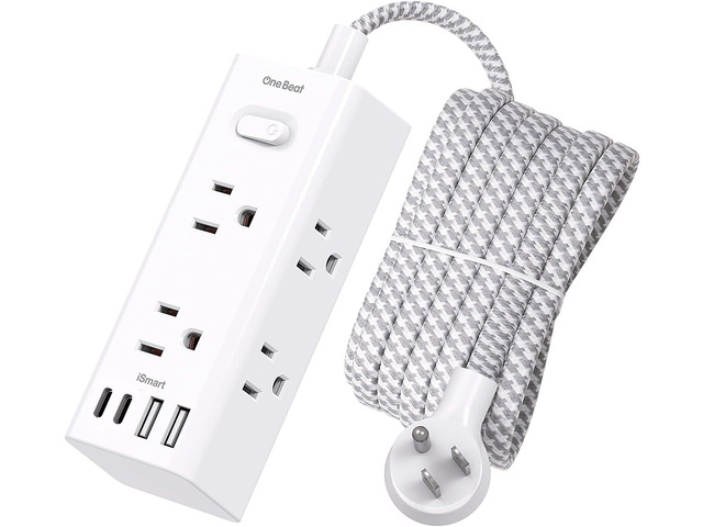 10 Ft Power Strip Surge Protector - One Beat 10ft Extension Cord with 6 Widely Outlets 4 USB Ports (2 USB C), Wall Mount Outlet Extender, Flat Plug...
