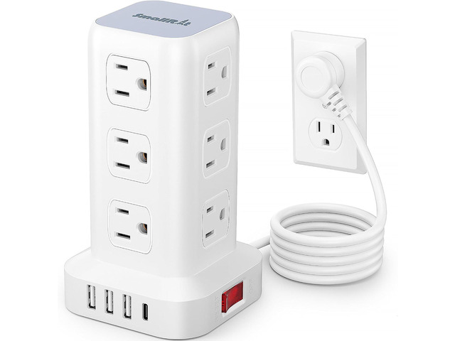 Power Strip with 12 Outlets 4 USB (1 USB C), 6.5Feet Extension Cord with Multiple Outlets, Charging Station, Power Strip Tower, Home Office Desk...