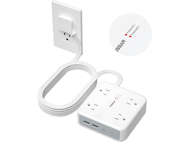 TESSAN Dual Surge Protector Power Strip, 15 Ft Extension Cord Flat Plug 4 USB (2 USB C) 8 Outlets, 2100J Surge Protection, 20W Multiple Charging...