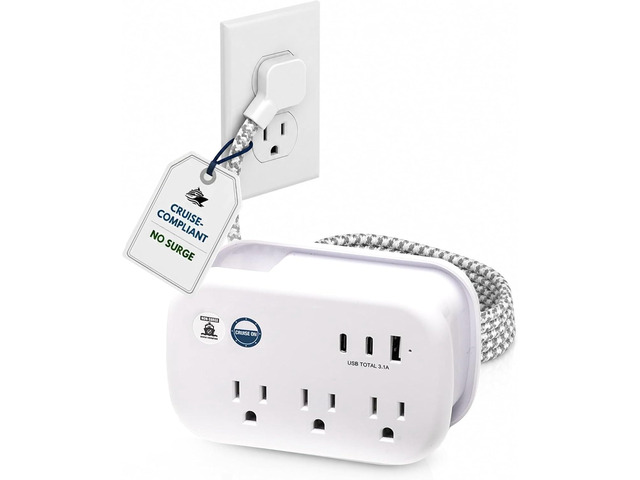 Cruise Approved Power Strip Non Surge Protector - 3.3 ft Wrapped Travel Extension Cord, 2 USB-C, 1 USB, 3 AC Outlet, Cruise Ship Essentials for...