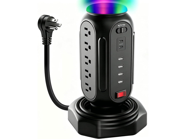 Power Tower with Retractable Cord, Surge Protector Tower with PD 30W USB-C (Single Port 30W/2 Ports 15W Each), 15 AC Outlets, 6.5ft Flat Plug,...