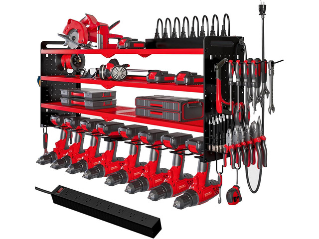 NattyDot Power Tool Organizer Wall Mount, 8-Drill Charging Station, Red 4-tier Garage Rack Stores 8 Cordless Drills and Tools; Built-in 8-outlet...