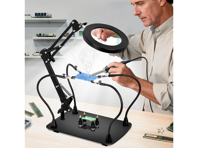 Helping Hands Soldering Station, 10X Magnifying Glass with Light and Stand, Magnetic Third Hand & PCB Circuit Board Holder, Hands Free Solder...